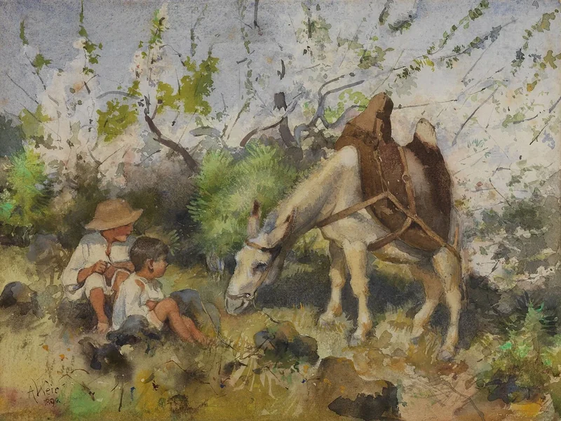 1852-Julian Alden Weir - Paesaggio estivo con bambini e asino (1890)